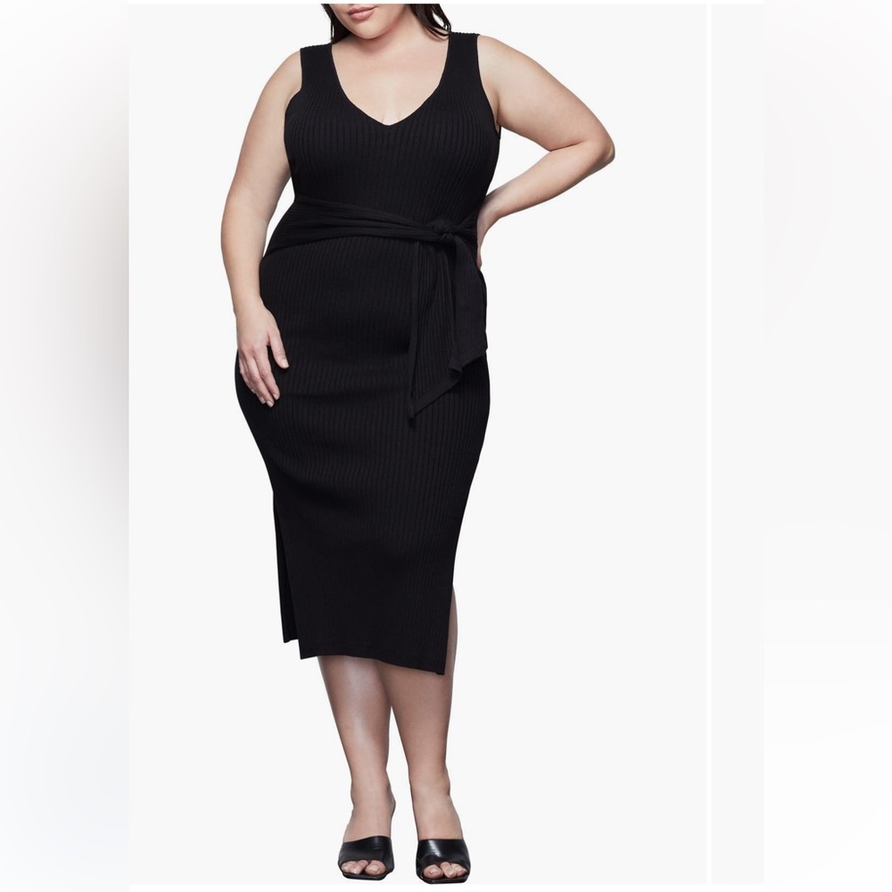 Good American Ribbed Knit Tie Waist Midi Heavyweight Ribbed Stretch Sleeveless